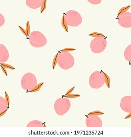 Seamless pattern of peach, isolated on beige background. Hand-drawn fruits in flat style. Concept of healthy eating, gardening, summertime. Suitable for web and print design.