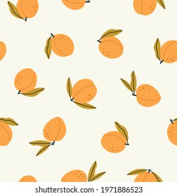 Seamless pattern of peach, isolated on beige background. Hand-drawn fruits in flat style. Concept of healthy eating, gardening, summertime. Suitable for web and print design.