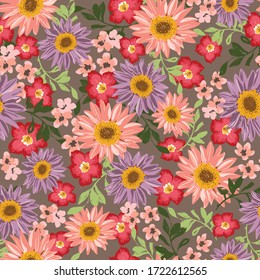 Seamless pattern with peach and lavender florals. Ditsy decorative sunflower floral design and foliage. Flowers, buds and leaf. Vintage hand drawn vector illustration with separate elements.