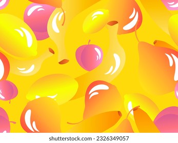 Seamless pattern with peach, lemon, banana and pear. Summer fruit with bananas, pear, peaches and lemon in 3d style and gradient colors. Design for wallpaper and print. Vector illustration