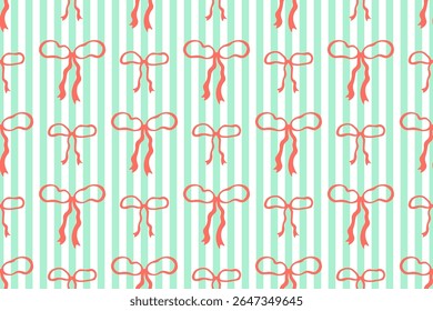 Seamless pattern of peach orange ribbons on mint and white vertical striped background.