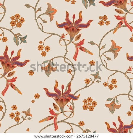 Seamless pattern in peach and orange tones. Decorative vines and flowers.