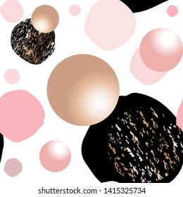 Seamless pattern. Peach, pink, gold, nude and black round spots on a white background. Abstract background.