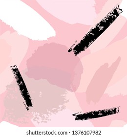 Seamless pattern. Peach, pink, nude spots, black brush strokes on a rose background. Abstract background. 