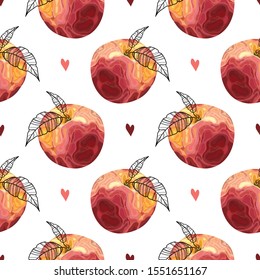 Seamless pattern with peach. Ripe and tasty peach. Wallpaper, print, wrapping paper, modern textile design. Vector illustration.