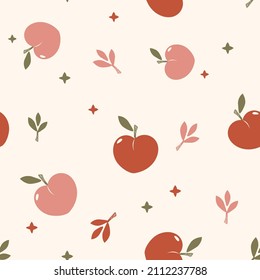 Seamless pattern with peach in shape of heart on cream background. Retro color contemporary art style vector.