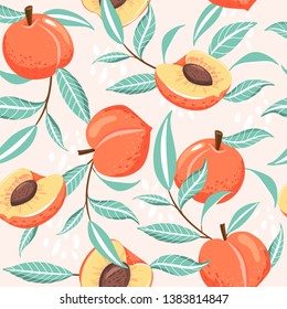 Seamless pattern with peach, slices, green leaves and abstract element. Summer vibes. Vector texture for textile, postcard, wrapping paper, packaging etc. Vector illustration.