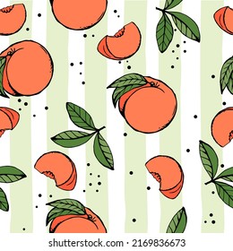 Seamless pattern with peach, slices, green leaves on a striped background. Summer vibes. Vector texture for textile, postcard, wrapping paper, packaging etc. Vector illustration.