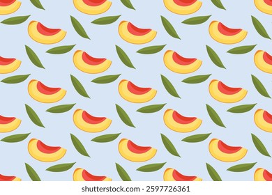 A seamless pattern of peach slices and green leaves on a pastel blue background, great for summer designs, textiles, packaging, and fruity, fresh visuals.