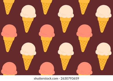 Seamless pattern of peach and vanilla ice cream cones on dark brown background, perfect for dessert-themed packaging, prints, and summer visuals