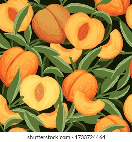 Seamless Pattern Of Peach Whole And Sliced With Green Leaves Flat Vector Illustration On Black Background