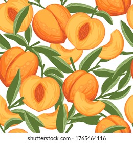 Seamless pattern of peach whole and sliced with green leaves. Flat vector illustration on white background