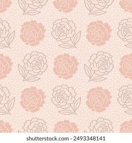 A seamless pattern with peach-colored roses and polka dots on a beige background. Suitable for fabric prints, home decor, and fashion design.