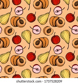 seamless pattern, peaches, apples and pears in bright colors, background with fruit in doodle style, ornament for wallpaper and fabrics, scrapbooking paper