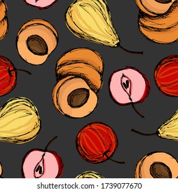 seamless pattern, peaches, apples and pears in bright colors, background with fruit in doodle style, ornament for wallpaper and fabrics, scrapbooking paper