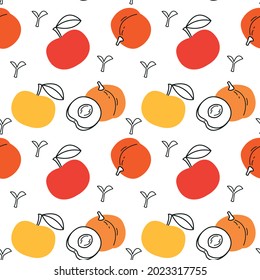 Patrón sin foco con melocotones y manzanas en rojo, amarillo y naranja con un contorno negro. Patrón de caracoles con frutos brillantes sobre un fondo blanco. Ilustración vectorial al estilo minimalista.