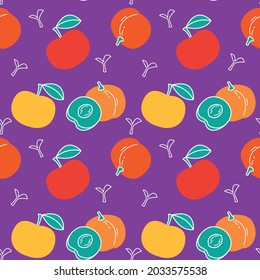 Seamless pattern with peaches and apples of red, yellow and orange colors with a white outline. Drawing with bright fruits on a bright purple background. Vector art in the style of minimalism