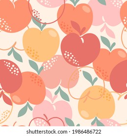 Seamless pattern with peaches or apricots, leaves and flowers. Trendy handdrawn organic flat style. Modern design, vector illustration