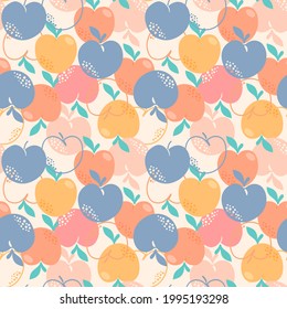 Seamless pattern with peaches or apricots, leaves and flowers. Trendy handdrawn organic flat style. Modern design, vector illustration