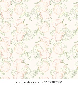 Seamless pattern of peaches or apricots on white background. Ripe sweat fruits can be used for wallpaper, textile, wrapping paper or website