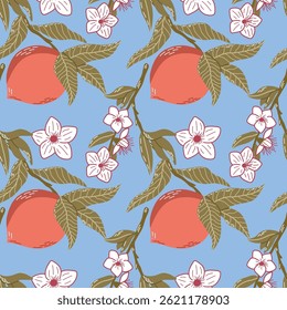 Seamless Pattern of Peaches and Blossoms with Vibrant Leaves on Blue Background. Vector seamless pattern featuring ripe peaches, delicate blossoms, and green leaves on a blue background. 