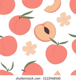 Seamless pattern with peaches. Cottagecore. Half, slice and whole shape of peach, nectarine, apricot, apple. Peaches background. Flat design.