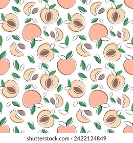 Seamless pattern with peaches in flat style. Fruit flat minimal Vector illustration.