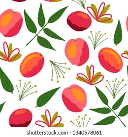 Seamless pattern of peaches, flowers, and leaves on a white background. Great for textile print, invitations, or packaging. Vector file.