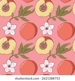 Patrón sin fisuras de duraznos, flores y hojas sobre un fondo rosa. Patrón sin fisuras ilustrado con melocotones maduros, flores blancas y hojas verdes, dispuestas sobre un fondo rosa. 