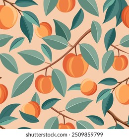 seamless pattern with peaches hanging on a branch with leaves