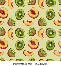 Seamless pattern of peaches and kiwi. Whole fruits, halves and slices. Cartoon style. Stock illustration. Suitable for the design of wallpaper, wrapping paper, kitchen, cafe.