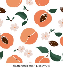 Seamless pattern with peaches, leaves, flowers in pastel colors isolated on white. Background with simple trendy fruit shapes. Printing on fabric, wrapping paper, wallpaper. Flat vector illustration.