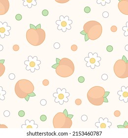 Patrón sin foco de melocotones con hojas, flores y puntos al estilo kawaii sobre un fondo beige.