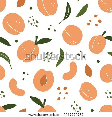 Seamless pattern with Peaches and leaves. Hand drawn vector food illustration in doodle sketch style. Apricot texture for wrapping paper, fabric, textile.