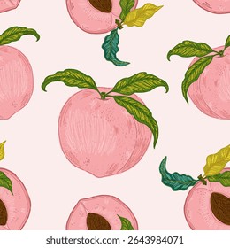 Seamless pattern with peaches and leaves in a hand-drawn line-art style. Inspired by Mediterranean summer vibes, retro elegance, and contemporary graphic aesthetics. 
