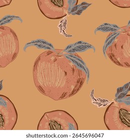 Seamless pattern with peaches and leaves in a hand-drawn line-art style. Inspired by Mediterranean summer vibes, retro elegance, and contemporary graphic aesthetics.