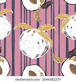 Seamless pattern with peaches and leaves in a hand-drawn line-art style. Inspired by Mediterranean summer vibes, retro elegance, and contemporary graphic aesthetics. Great for textiles, packaging