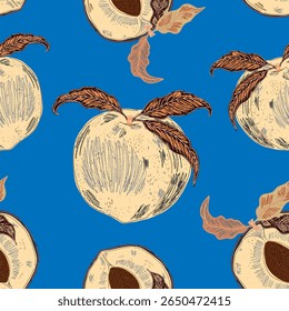 Seamless pattern with peaches and leaves in a hand-drawn line-art style. Inspired by Mediterranean summer vibes, retro elegance, and contemporary graphic aesthetics.