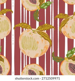 Patrón sin fisuras con melocotones y hojas en un estilo de arte lineal dibujado a mano. Inspirado en el ambiente mediterráneo del verano, la elegancia retro y la estética gráfica contemporánea. Ideal para textiles, empaques, decoración del hogar y vajilla.