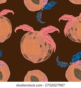 Patrón sin fisuras con melocotones y hojas en un estilo de arte lineal dibujado a mano. Inspirado en el ambiente mediterráneo del verano, la elegancia retro y la estética gráfica contemporánea. Ideal para textiles, empaques, decoración del hogar y vajilla.