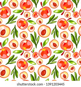 Seamless pattern of peaches with leaves on white background