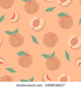 Seamless pattern with peaches and leaves. Peach Fuzz the trendy color of the 2024.