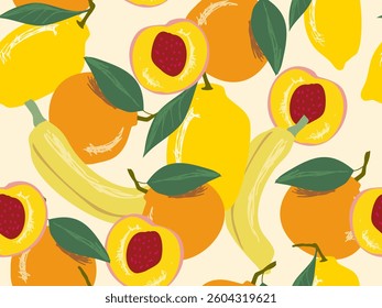 Seamless pattern with peaches, lemons, orange and bananas, background, wallpaper with hand drawn for banners, cards, flyers, social media wallpapers, etc. vector illustration