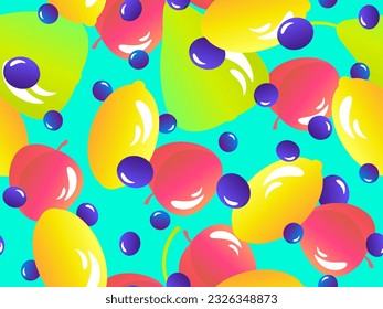 Seamless pattern with peaches, lemons, pears and blueberries. Summer exotic fruity mix with gradient colors in 3d style. Design for banners, posters and promotional materials. Vector illustration