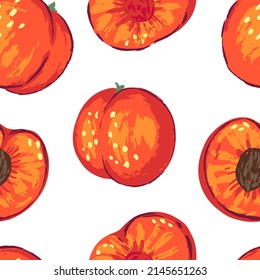 Seamless pattern of peaches in modern style. Vector illustration of fresh tasty fruits. Bright contemporary ornament. Design for decor, wallpaper, background, textile.