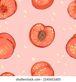 Seamless pattern of peaches in modern style. Vector illustration of fresh tasty fruits. Bright contemporary ornament. Design for decor, wallpaper, background, textile.