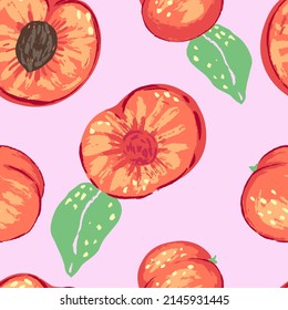 Patrón de melocotones sin inconfundible en un estilo moderno. Ilustración vectorial de frutas frescas y sabrosas con hojas. Brillante ornamento contemporáneo. Diseño para la decoración, tapicería, fondo, textiles.