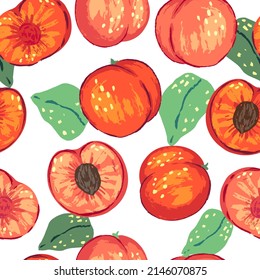 Seamless pattern of peaches in modern style. Vector illustration of fresh tasty fruits with leaves. Bright contemporary ornament. Design for decor, wallpaper, background, textile.