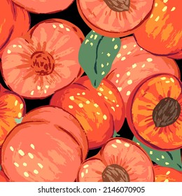 Seamless pattern of peaches in modern style. Vector illustration of fresh tasty fruits with leaves. Bright contemporary ornament. Design for decor, wallpaper, background, textile.
