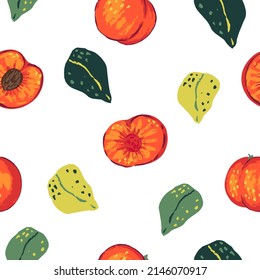 Seamless pattern of peaches in modern style. Vector illustration of fresh tasty fruits with leaves. Bright contemporary ornament. Design for decor, wallpaper, background, textile.